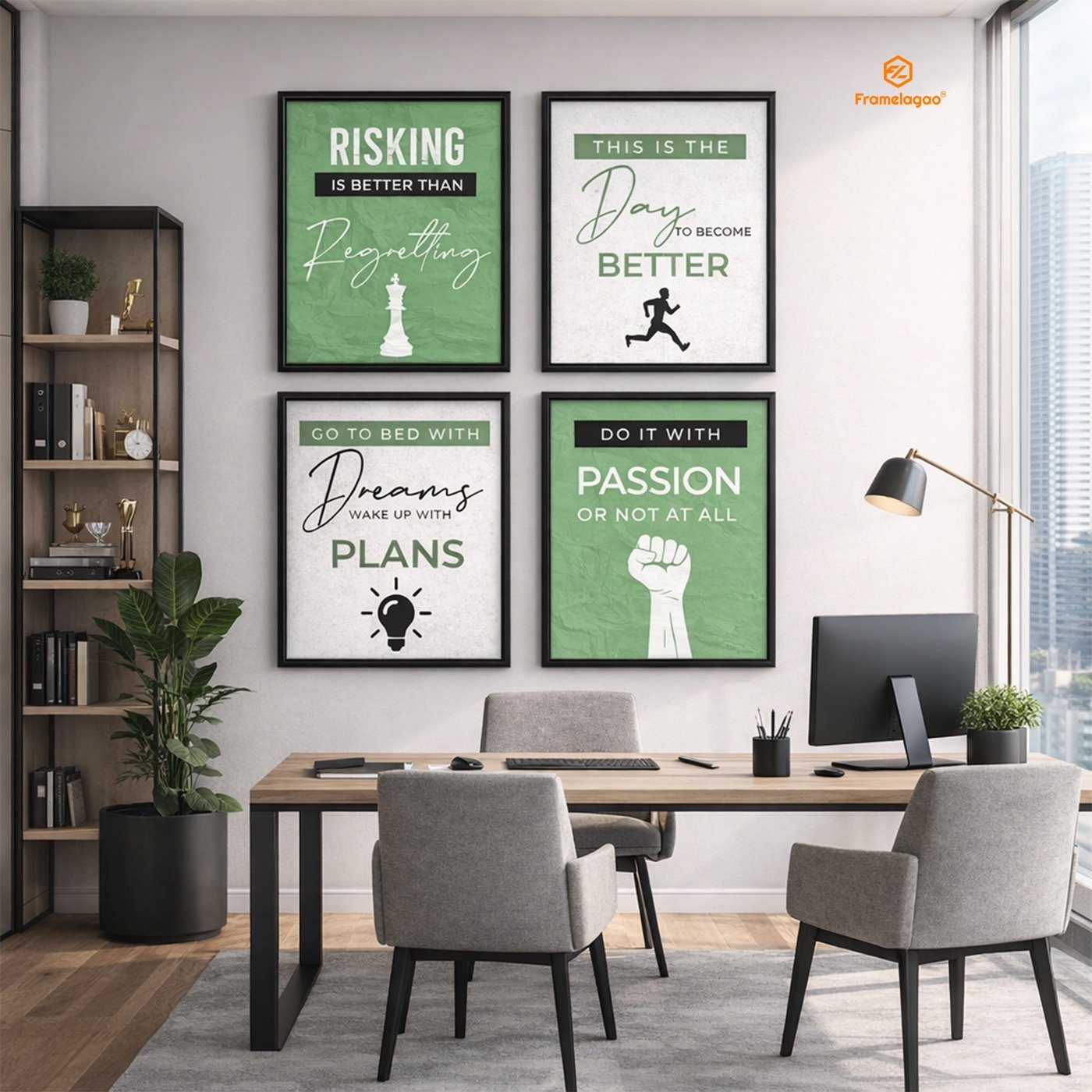 Framelagao frames hanging on an office wall